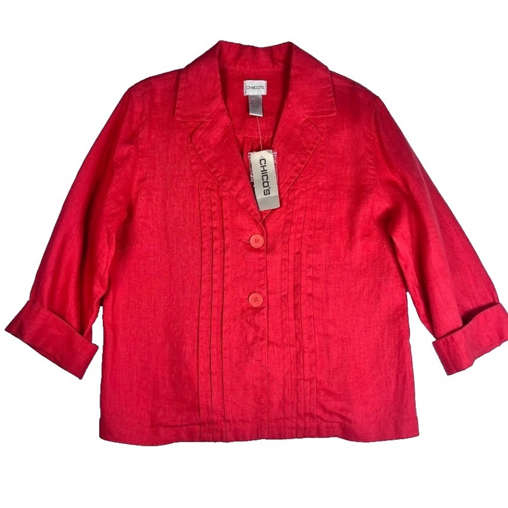 Chicos Linen Blazer Coastal Grandma Strawberry Red Lightweight Chic Jacket 1